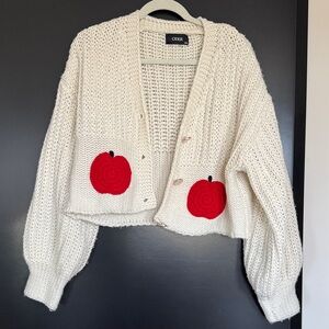 Women's Cream Cardigan Sweater with Red Apple Design